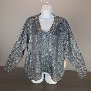 1.State Womens Sweater Sz M Blue-Metallic Silver Throughout Front Oversized